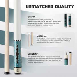 Big Cat Timeless Legacy Pool Cue Stick - Grade A Canadian Maple, 12.5mm Professional Leather Tip, 58” Length, Premium Billiard Cue for Adults – Home or Tournament Play - 19oz, Blue White