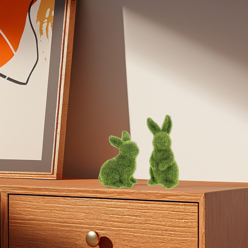 DEARMAMY 2Pcs Easter Faux Moss Bunnies: Furry Grass Flocked Rabbit