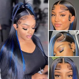 ANDRIA 13x4 HD Lace Front Wigs Blue Highlight on Black Hair Long Straight Synthetic Wig Pre-plucked Glueless Lace Wigs Heat Resistant Fiber Blue Colorful Wig With Baby Hair For Black Women 24 Inches