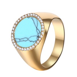 Aroncent Mens Turquoise Signet Ring: Gold Stainless Steel CZ Diamond Band - Classic Statement Jewelry Size 12