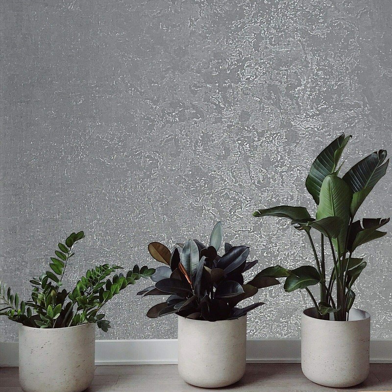 Textured Plain Dark Gray Silver Metallic Wallpaper Faux Fabric Rusted