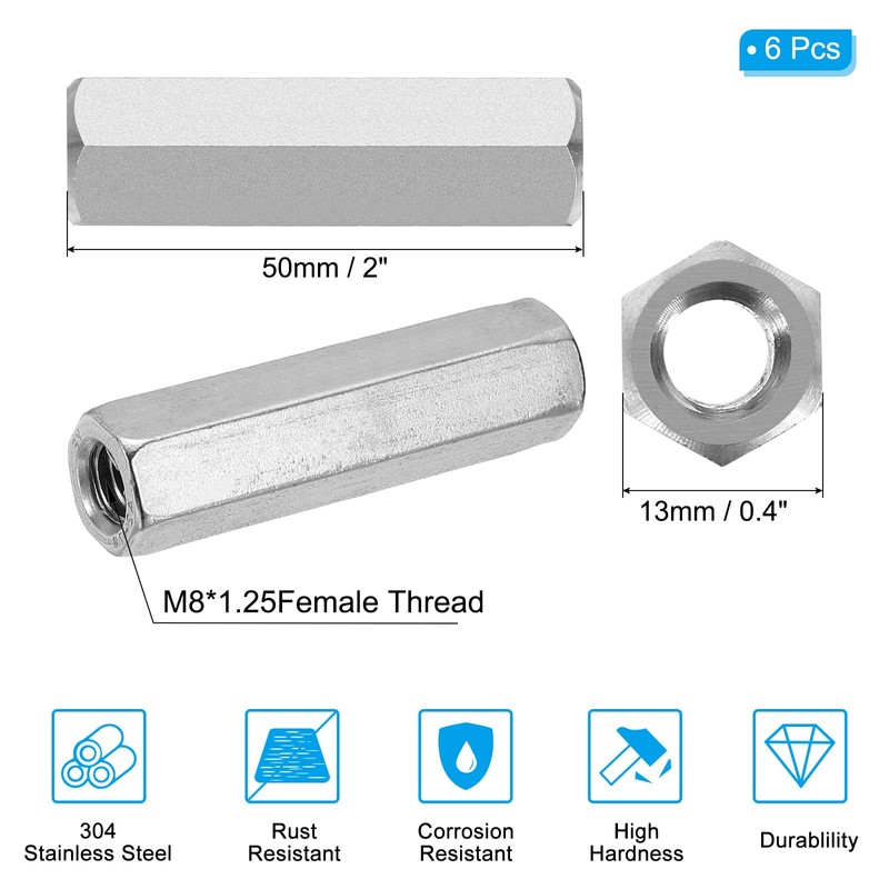 PATIKIL M8 x 1.25-Pitch 304 Stainless Steel Hex Coupling Nuts,