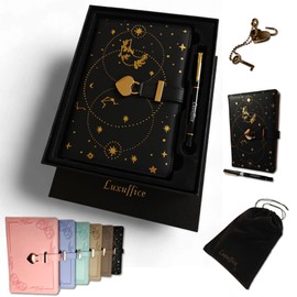 Girls Diary with Lock and Key, Box and Pen Gift Set, Gold Foiled Edge, Page Marker, 192 Pages, Ruled, Pen Strap, Womens Journal, A5, Spare Lock and Velvet Pouch, Premium, Notepad Writing, Black
