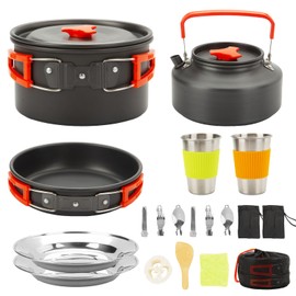 Camping Cooking Set 12pcs, Aluminum Non-Stick Pot Pan Kettle With 2 Stainless Steel Cups, Plates, Forks, Knives, Spoons for Backpacking and Hiking (Red)
