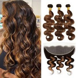 MOMOSHERO Brown Ombre Highlight Body Wave 3 Bundles with 13x4 Frontal Human Hair HD Ear to Ear Lace, Soft and Glossy 10A Balayage Blonde #1b/30 Color 100% Hair Bundles with Frontal 14 16 18 +14In…
