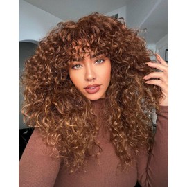 ISAMY Curly Wigs With Bangs for Women Lace Hairline Long Curly Burgundy Wig for Daily (Ombre Browm)