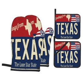 Oven Mitts and Pot Holders Sets of 4,Texas Lone Star State Retro US,Oven Mitts Heat Resistant Oven Gloves Set Potholders for Kitchen Baking Grilling