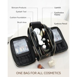 Prite Makeup Bag for Women, Large Capacity Waterproof Travel Cosmetic Organizer, Portable Open Flat Toiletry Bag with Free-standing Brush Holder and Handle(Black Large)