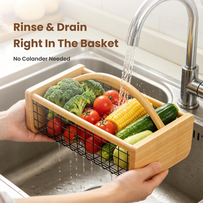 Solid Wood Harvest Hod Basket with 360° Rotating & Foldable