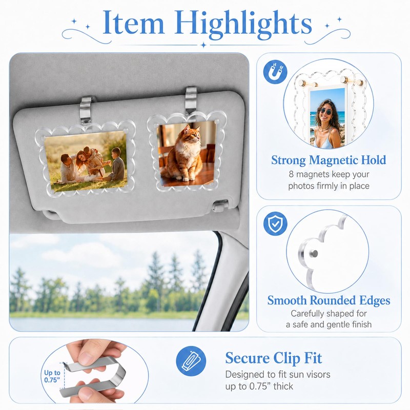 2-Pack Car Sun Visor Photo Holders, Scalloped Acrylic Magnetic Frames