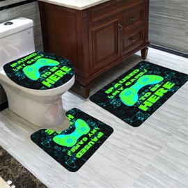 Gamer Shower Curtain for Boys, 4Pcs Green Games Bathroom Shower Curtain Set, Video Games Pattern Bathroom Sets with Shower Curtain and Rugs, Gamepad Bathroom Shower Curtain with 12 Hooks, 70" x 70"