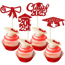Gyufise 24Pcs 2025 Graduation Cupcake Toppers Red Glitter Class of 2025 Diploma Congrats Grad Cap Cupcake Picks Decoratiosn for 2025 Graduation Theme Party Supplies