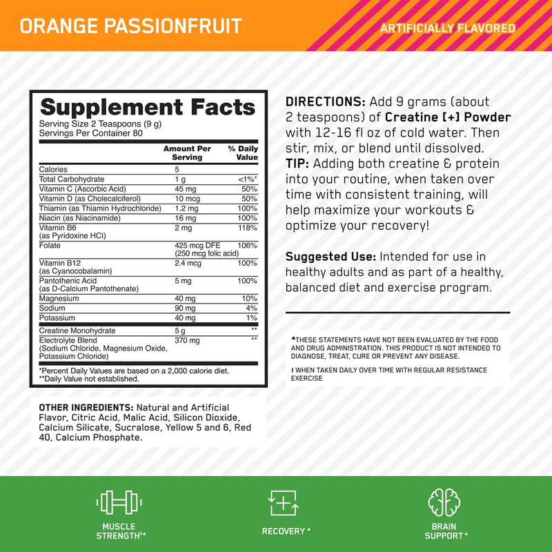 Optimum Nutrition Creatine Monohydrate Plus Powder, Orange Passionfruit Flavored Creatine