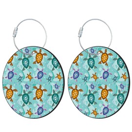 iapodiad Round Luggage Tag for Suitcases,Cute Turtles 2 Pack Leather Travel Luggage Tags with Name ID Label Privacy Flap and Steel Loop for Women and Men Suitcases Travel Bags Luggage Bags