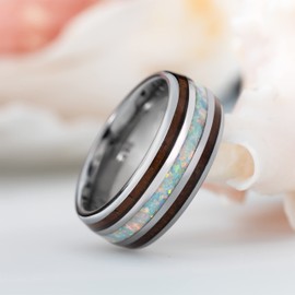 Aloha Jewelry Company 8mm Opal Tungsten Carbide Hawaiian Koa Tree Wood with Created Comfort Fit Ring Engagement Wedding Band Dome Style Weighted High Polished Finish with Gift box (White Opal, 11.5)