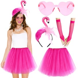 ATOWORLD Flamingo Kostüm Damen mit Flamingo Haarreif Pinker Tüllrock Handschuhe Herzbrille Fasching Kostüm Flamingo Damen karneval Flamingo Kaarschmuck Kopfschmuck Flamingo Outfit Kleid Erwachsene Damen