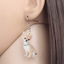 DOWAY Acrylic Cute Chihuahua Dog Earrings Dangle Drop Fashion Pet Jewelry for Women Charm Gifts (Beige)