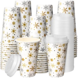 Jingmore 60 Pcs Snowflake Disposable Coffee Cups with Lids Christmas Coffee Cups Hot Cold Beverage Coffee Cups for Winter Christmas Party Tea Cafe Home Restaurant Picnic Drinking (12 oz)
