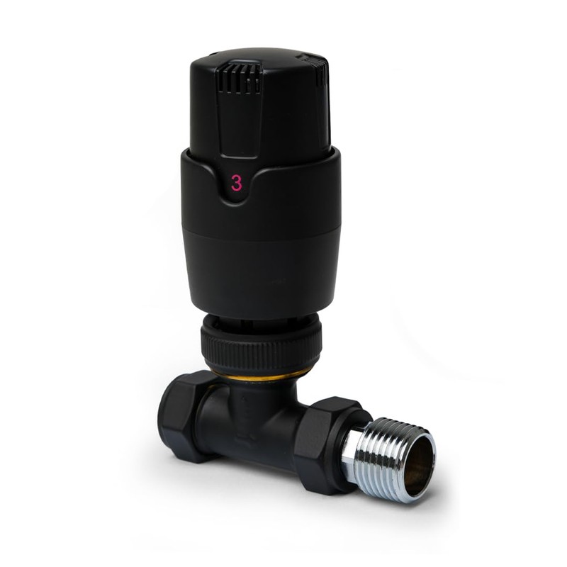 Black Straight Thermostatic Radiator Valves TRV Modern Radiator Valves 15mm