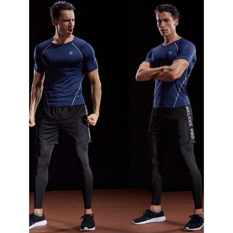 NELEUS Men's 3 Pack Compression Baselayer Athletic Workout T Shirts,5022,Black,Grey,Navy