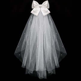 Chanaco Wedding Veils for Brides Lace Bridal Veil for Bachelorette Party Pearl Bride to Be Veil with Comb White Bow Veils Costume for Women Wedding Accessories Bridal Shower