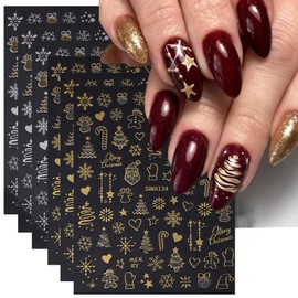 6 Sheets Christmas Nail Stickers Gold Sliver Snowflake Nail Art Stickers Decals 3D Self Adhesive Nail Decals Christmas Tree Heart Snowflakes Designs Winter Xmas Nail Stickers for Women DIY Manicure