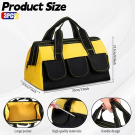 JJUNW 3 Pack Tool Bags for Men, Wide Mouth Tool Tote Bag with Waterproof Base, Heavy Duty Tools Storage Bag for Electrician Carpenter Mechanic (13 Inch,Blue, Red, Yellow)