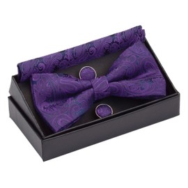 GUSLESON Paisley Bow Tie Wedding Purple Pre-tied Silk Bowties and Pocket Square Cufflink Set(0581-17)