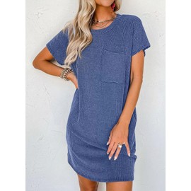 Acelitt Women Casual Summer Dresses 2025 Fashion Crewneck Short Sleeve Trendy Loose Vacation Beach Ribbed Shift Tshirt Mini Dress Blue Medium