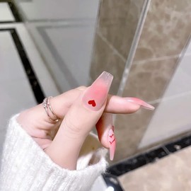 Press on Nails Medium Heart Coffin False Nails with Designs Full Cover Stick on Nails Pink Heart Acrylic Nails Swirl Glue on Nails Glossy Artificial Nails Nail Decorations for Women Girls