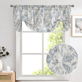 Lazzzy Blue Floral Tie Up Valance Curtain Linen Farmhouse Valance for Kitchen Living Room Bedroom Country Valances Window Treatments Small Cafe Curtian 18 Inch Rod Pocket 1 Panel, Blue on Beige