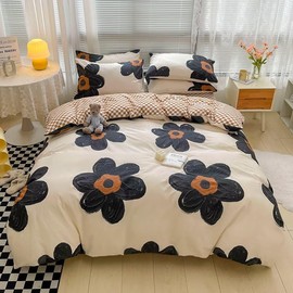 Wellboo Black Floral Comforter Sets Twin Women Girls White and Black Botanical Bedding Sets Cotton Beige Black Sunflower Quilts Teens 3D Large Flower Quilts Watercolor Boho Garden Bohemian Bedding