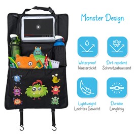 HECKBO 2 x Children's Car Organiser with Adjustable Tablet Bag with Touch Film for up to 20 Inches - Monster Motif - Universal Fit