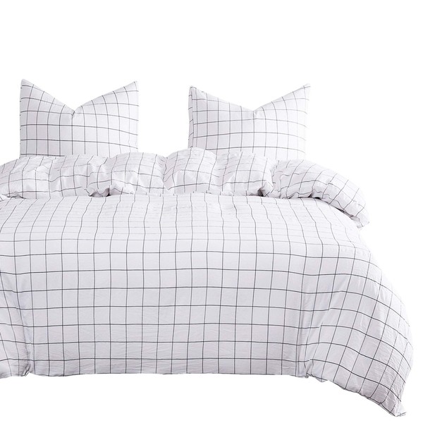Wake In Cloud - Grid Comforter Set, White with Black Grid Geometric Preppy Modern Pattern Printed, Soft Microfiber Bedding (3pcs, Queen Size)