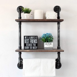 Industrial Pipe Shelf Bathroom Shelves Wall Mounted,19.6in Rustic Wood Shelf with Towel Bar,2 Tier Farmhouse Towel Rack Over Toilet,Pipe Shelving Floating Shelves Towel Holder,Retro Grey