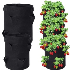 YUEcthynous Pack of 2 Strawberry Plant Bags, 7 Gallons/5 Gallons with Handles, Durable Breathable Bag, Vegetable Grow Bag, Plant Bag with Circular Opening for Strawberries, Vegetables, Black