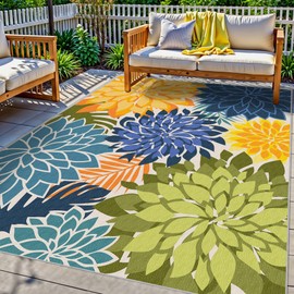 Arenarug Indoor Outdoor Area Rug Washable Multicolored Patio Rug Tropical Botanical Modern Floral Indoor Outdoor Carpet Non Slip Yellow Green Rug Non Shedding for Patio, Deck, Backyard, Porch (5x8)