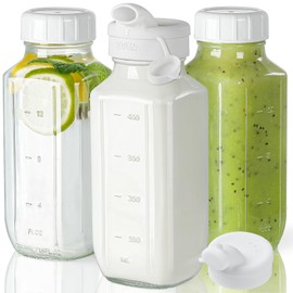 Syntic Glass Juice Bottles with Lids, 3 Pack Clear Glass Water Bottles w 2 Pour Spouts, 16 Oz Reusable Milk Jug w 100% Airtight Cap and Scale for Juicing Containers, Breast Milk Storage, Drinking Jar