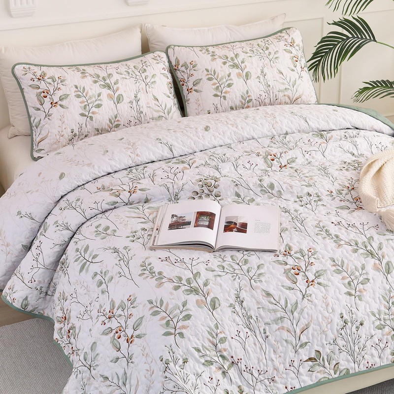 Anibedding King Size Quilt Sets Green Floral Pattern Quilt Bedding