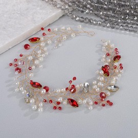 Teyglen Gold Crystal Bride Wedding Hair Vine Red Rhinestone Pearl Wedding Headband Hair Accessories for Women Evening Party Prom Bridal Headpiece (Red)