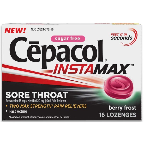 Cepacol InstaMax Sore Throat & Cough Drop Lozenges, Sugar Free Berry Frost 16 ea