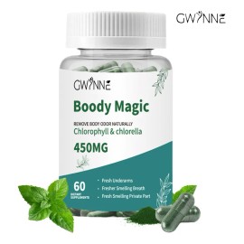 Gwynne Boody Magic Tabletas De Clorofila Natural Para El Olor Corporal Femenino, Suplemento Desodorante Corporal Para Hombres Y Mujeres,contiene 450 Mg De Clorofila Y Chlorella,60 Cápsulas