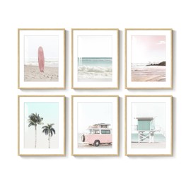 Framed Pink and Mint Green Coastal Wall Art for Living Room, 6 Piece Palm Tree Surfboard Beach Pictures Prints for Bedroom, Tropical Nautical Ocean Beachy Artwork for Hallway Walls Decor, 11x14 Inch