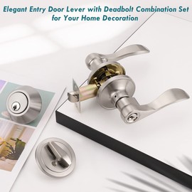 Brotima 3 Pack Keyed Alike Lever Set with Single Cylinder Deadbolt, Reversible Wave Style Satin Nickel Lockset, Lever Door Handle with Key and Lock for Bedroom, Front Door