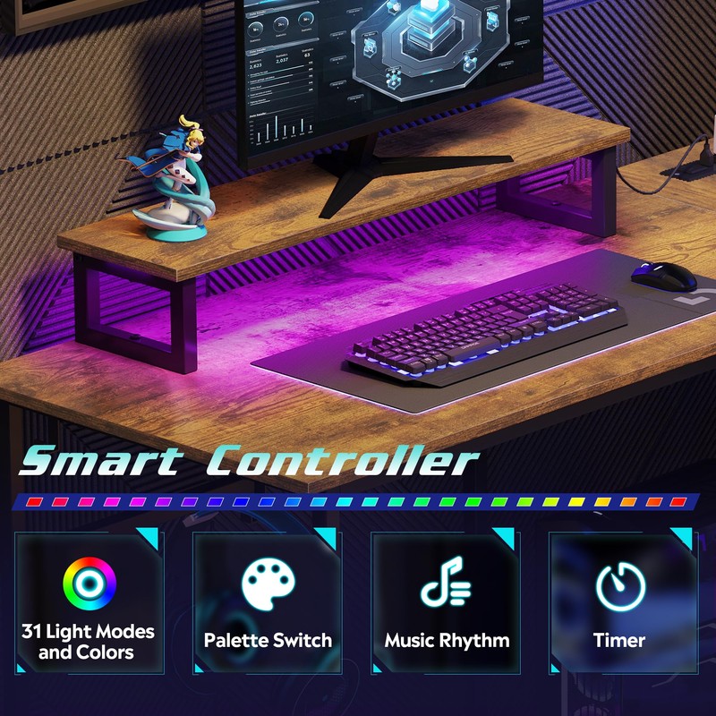 DEVAISE Gaming Desk with Power Outlets & LED Lights, L