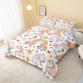 QOOMO Cartoon Cute Rabbit Soft Lightweight Bed Comforter Set Rainbow Flower Butterfly Kids Bedding Set Wildlife Rabbits 3D Quilt Set Bedroom Decoration Queen Size 1 Comforter Set 2 Pillowcases