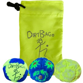 DIRTBAG All Star Footbag 3 Pack with Pouch, 100% Handmade, Premium Quality, Bright Vivid Colors, Signature Carry Bag - Fluorescent Yellow/Blue
