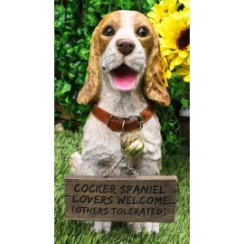 Tan And White English Cocker Spaniel Dog With Welcome Jingle Collar Sign Statue
