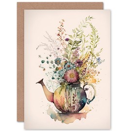 Artery8 Wildflower Floral Spring Bouquet In a Teapot Vase Flowers Nature Birthday Sealed Greeting Card Plus Envelope Blank inside