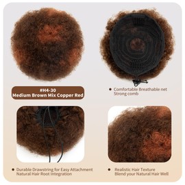 Afro Puff 8 Inch Kinky Curly Ponytail Extension Real Human Hair Ponytails for Black Women Girls Natural Drawstring Ponytail 4c Fake Bun African American High Wigs Puffs Medium Brown Mix Copper Red 50g